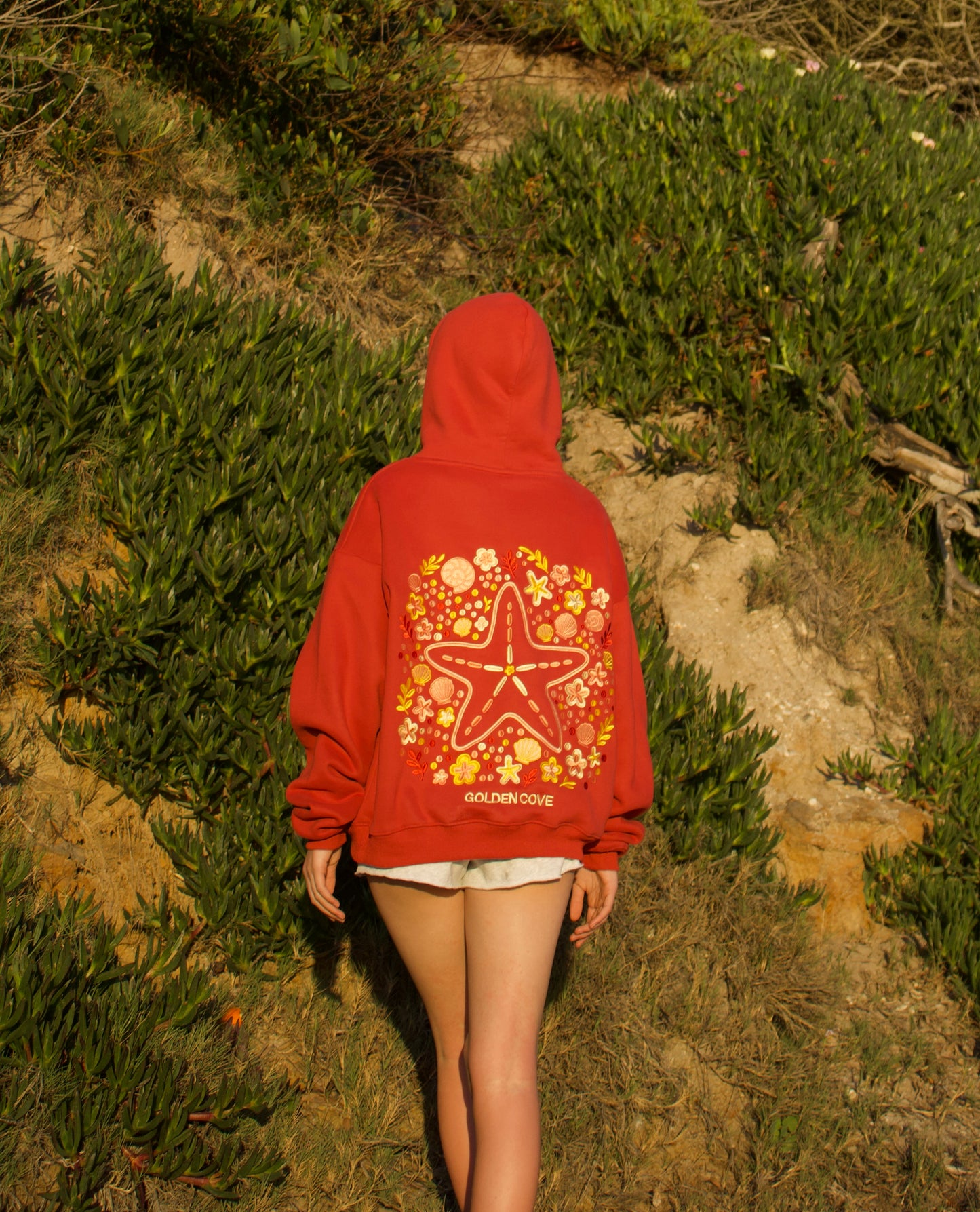 "Sea Of Stars" Oversized Embroidered Hoodie in Crimson Coast