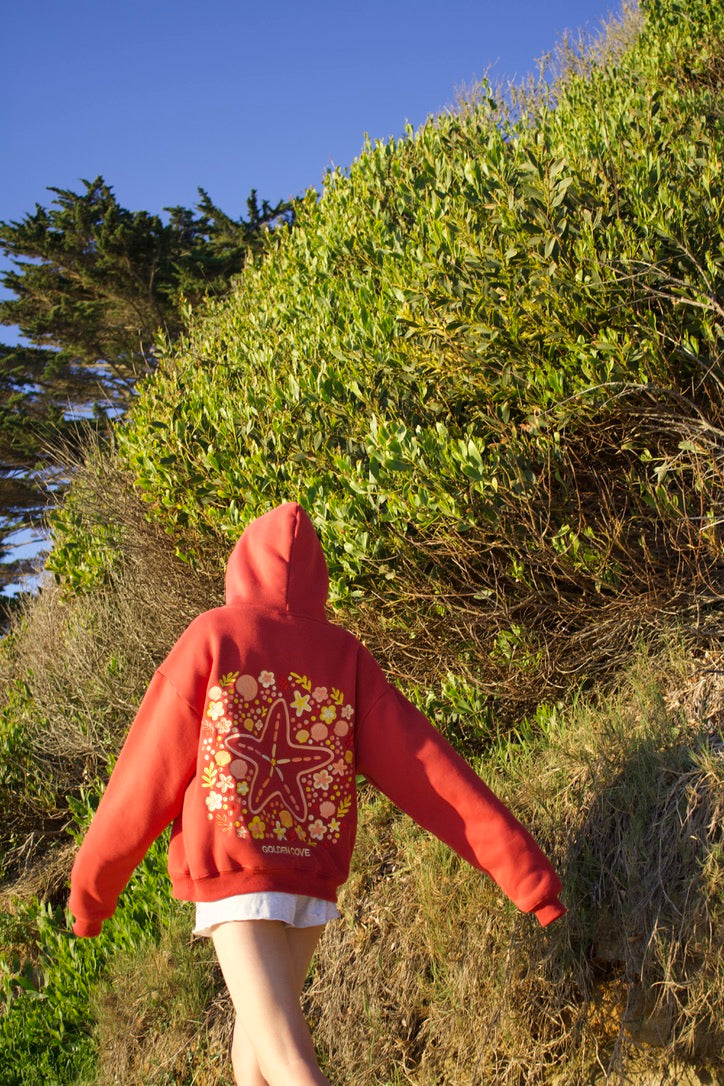 "Sea Of Stars" Oversized Embroidered Hoodie in Crimson Coast