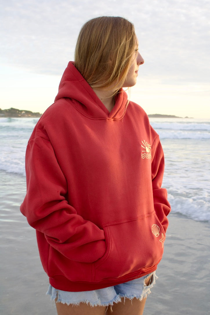 "Sea Of Stars" Oversized Embroidered Hoodie in Crimson Coast