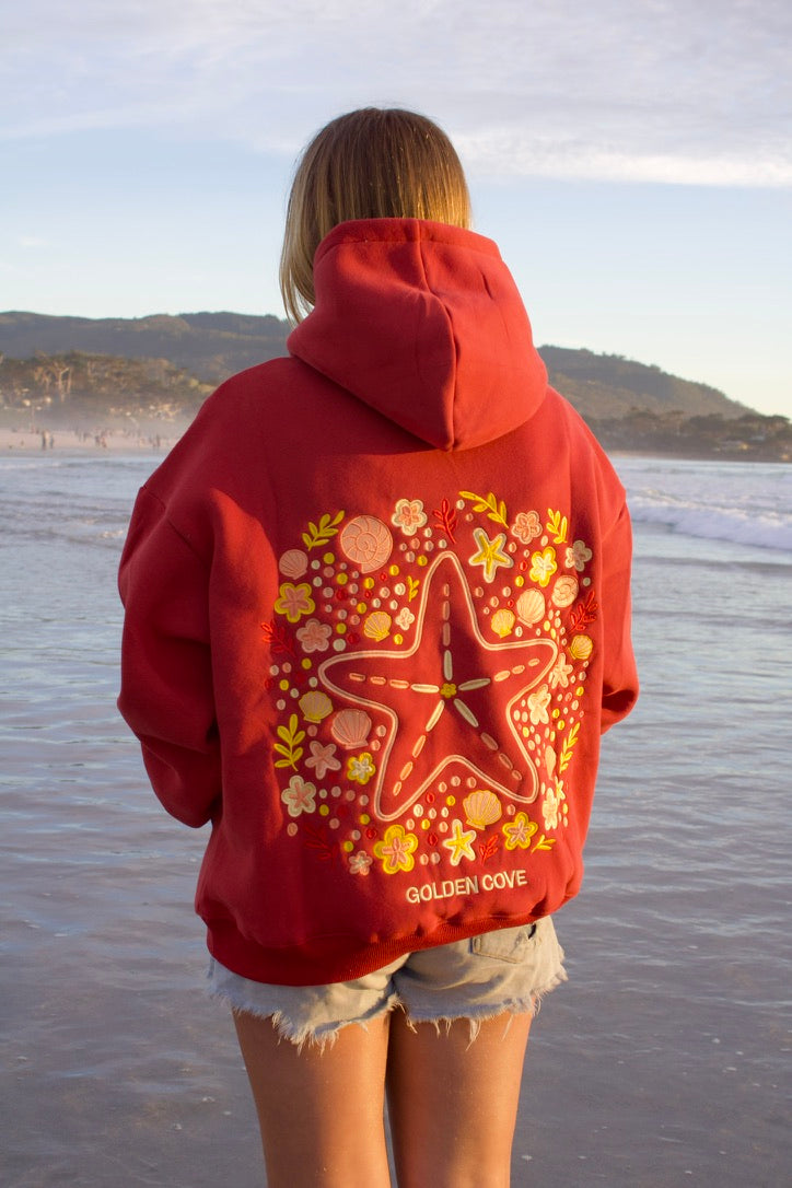 "Sea Of Stars" Oversized Embroidered Hoodie in Crimson Coast
