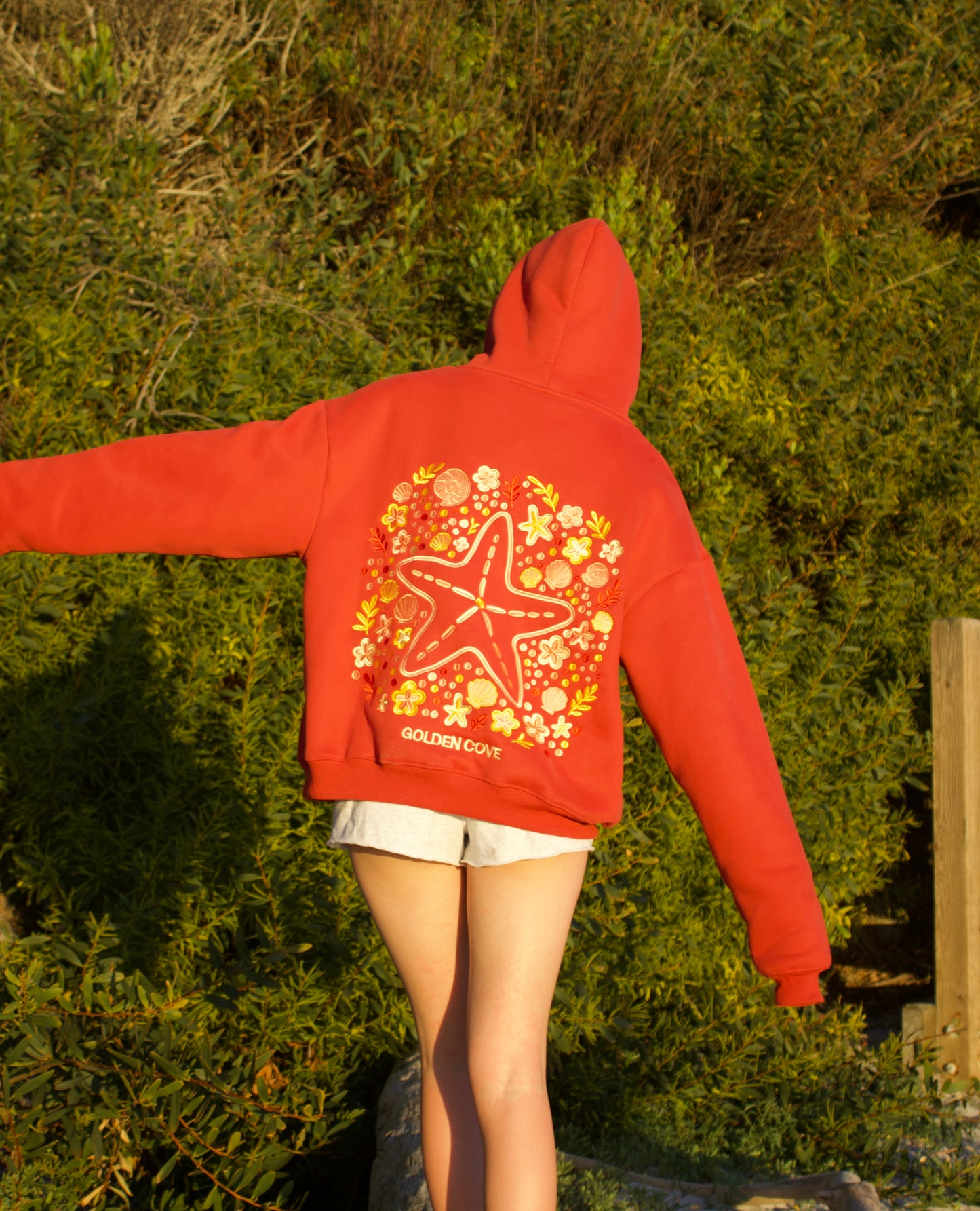 "Sea Of Stars" Oversized Embroidered Hoodie in Crimson Coast