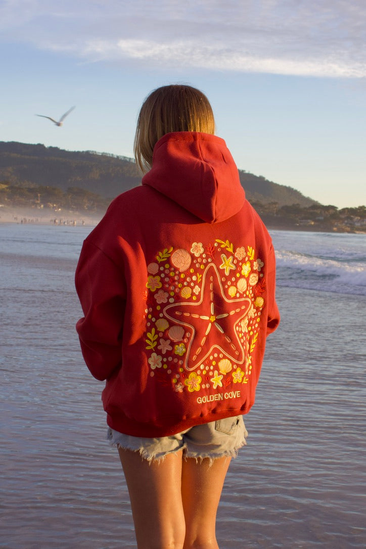 "Sea Of Stars" Oversized Embroidered Hoodie in Crimson Coast