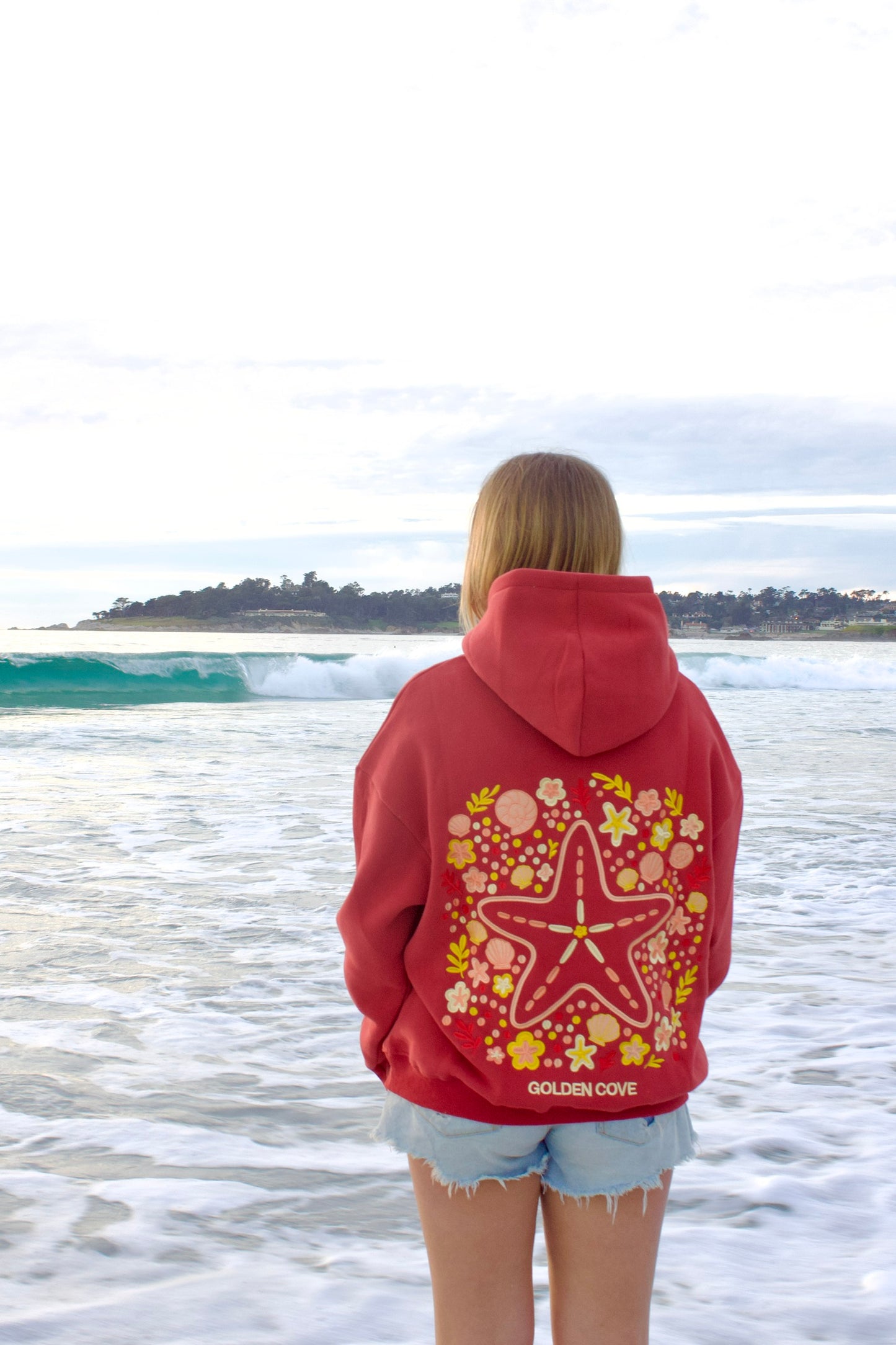 "Sea Of Stars" Oversized Embroidered Hoodie in Crimson Coast